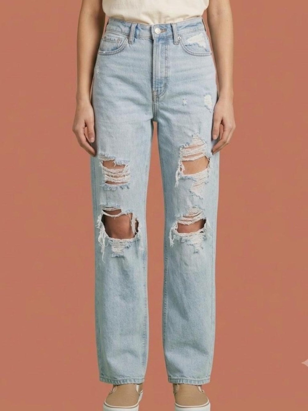Light Blue Straight Fit Ripped Jeans